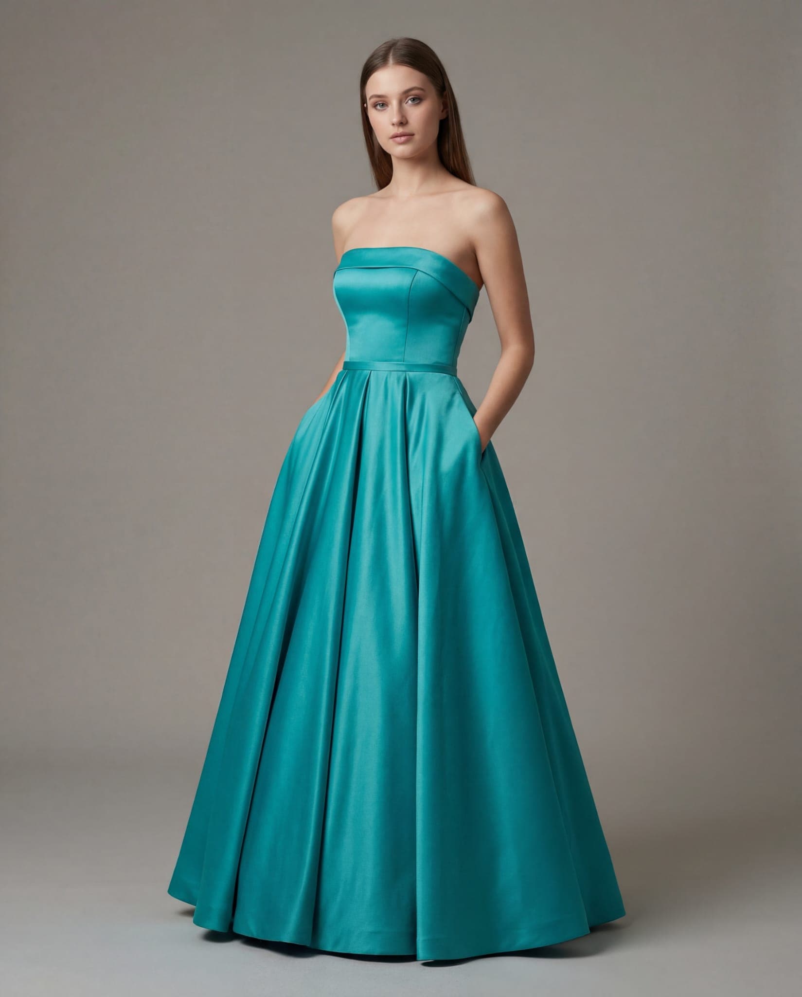 "Celeste" Teal Satin Ball Gown